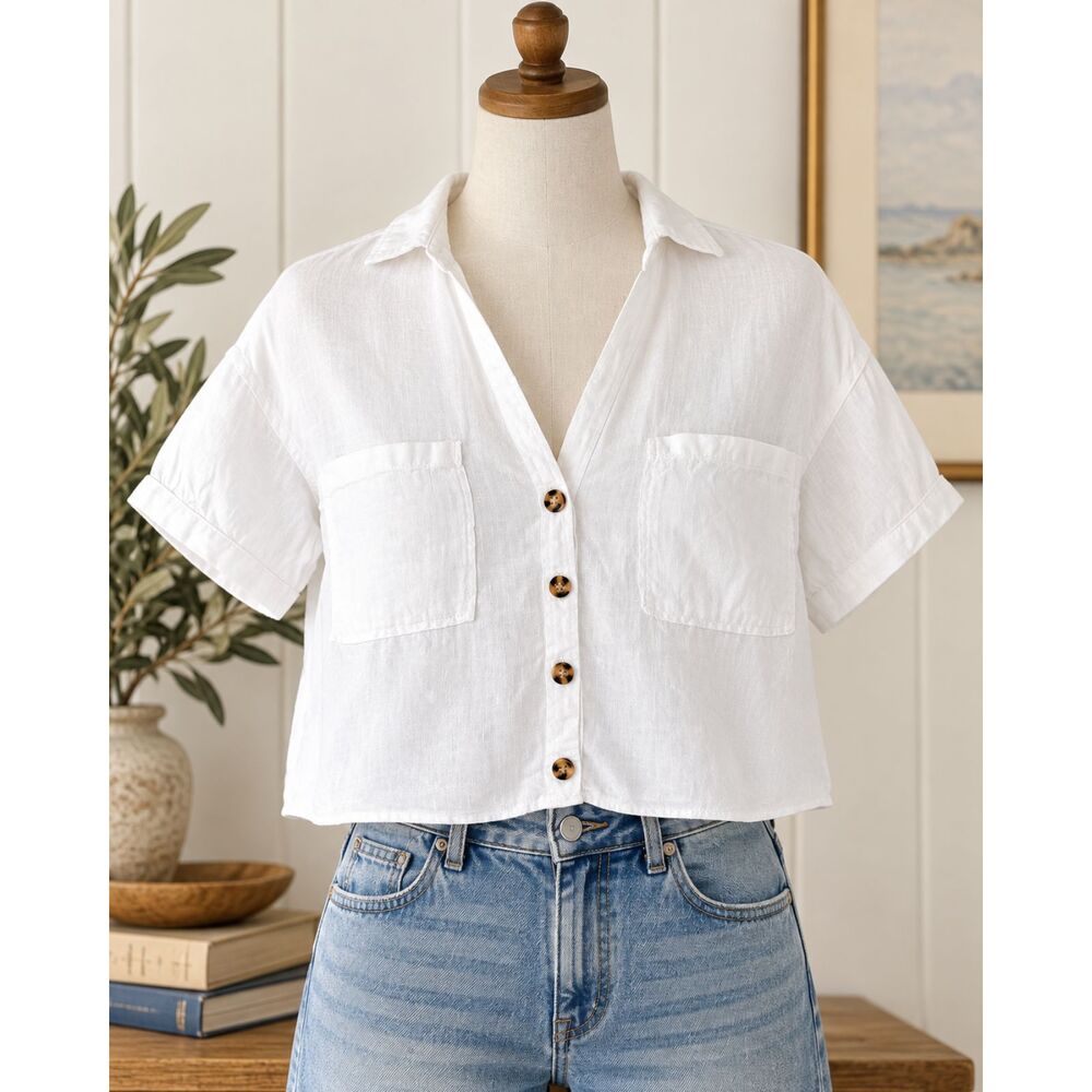 Zara Linen Shirt Women XS White Cropped Button Up Short Sleeve Boxy Blouse
